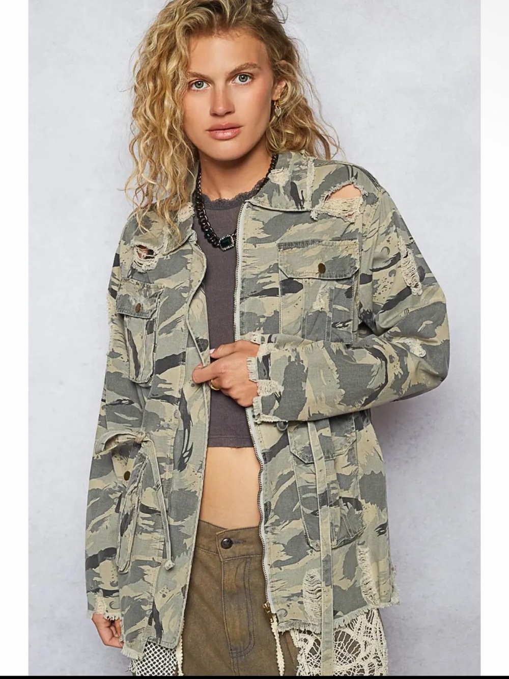 POL Vintage Camo Print Zipper Waist Tie Jacket with Pockets New Fall Winter